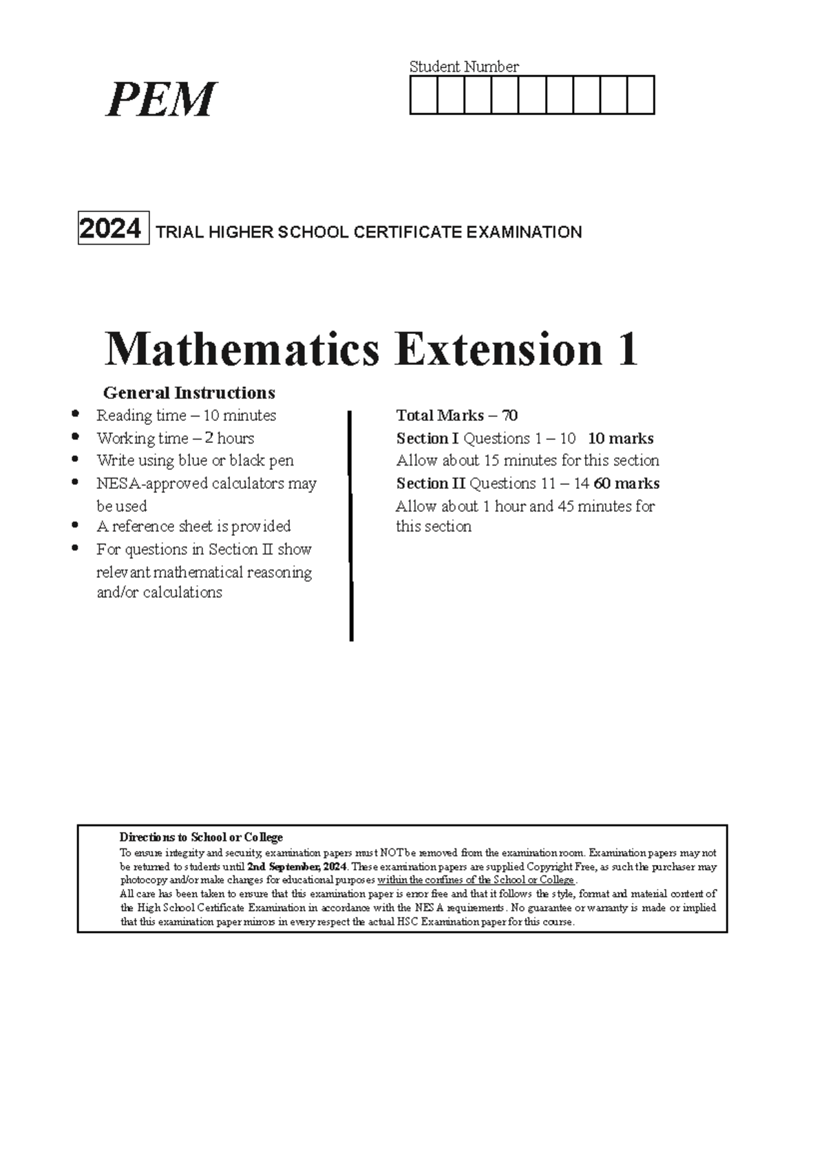 PEM 2024 Mathematics Extension 1 Trial HSC Exam Paper - Studocu