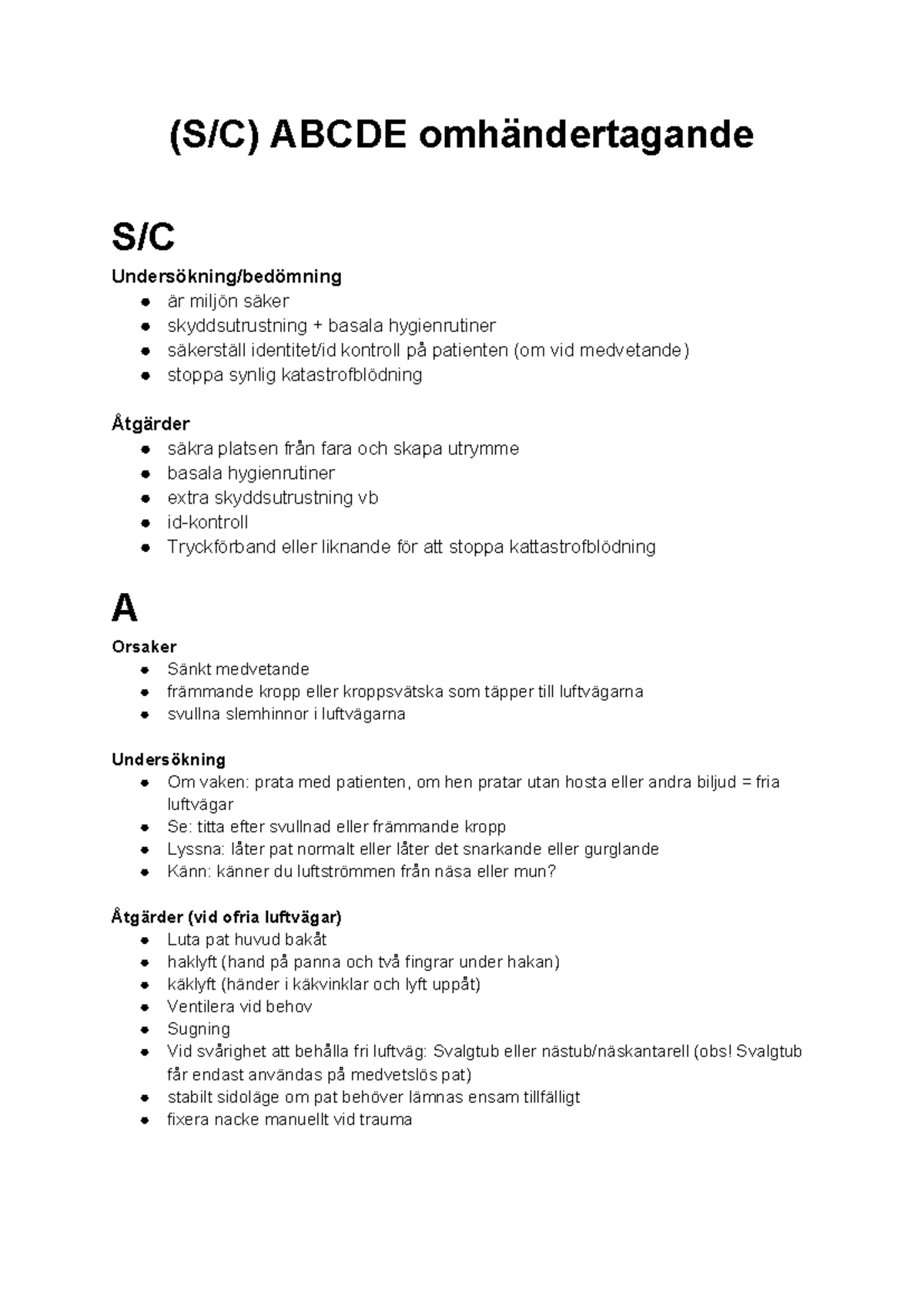 KLC A-E Bedömning och Åtgärder: En Guide för Akutvård - Studocu