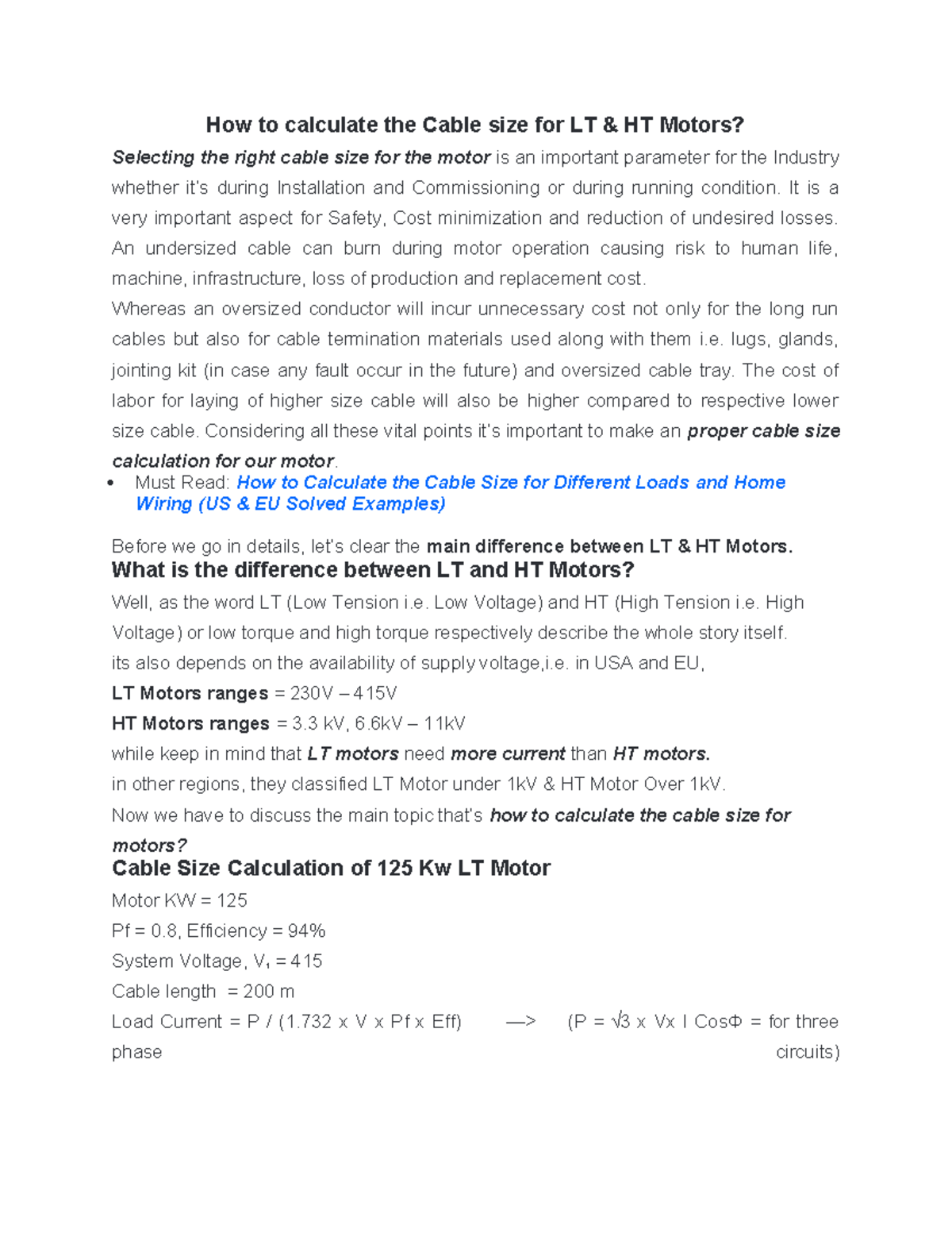 Calculating Cable Size for LT & HT Motors: Key Considerations - Studocu