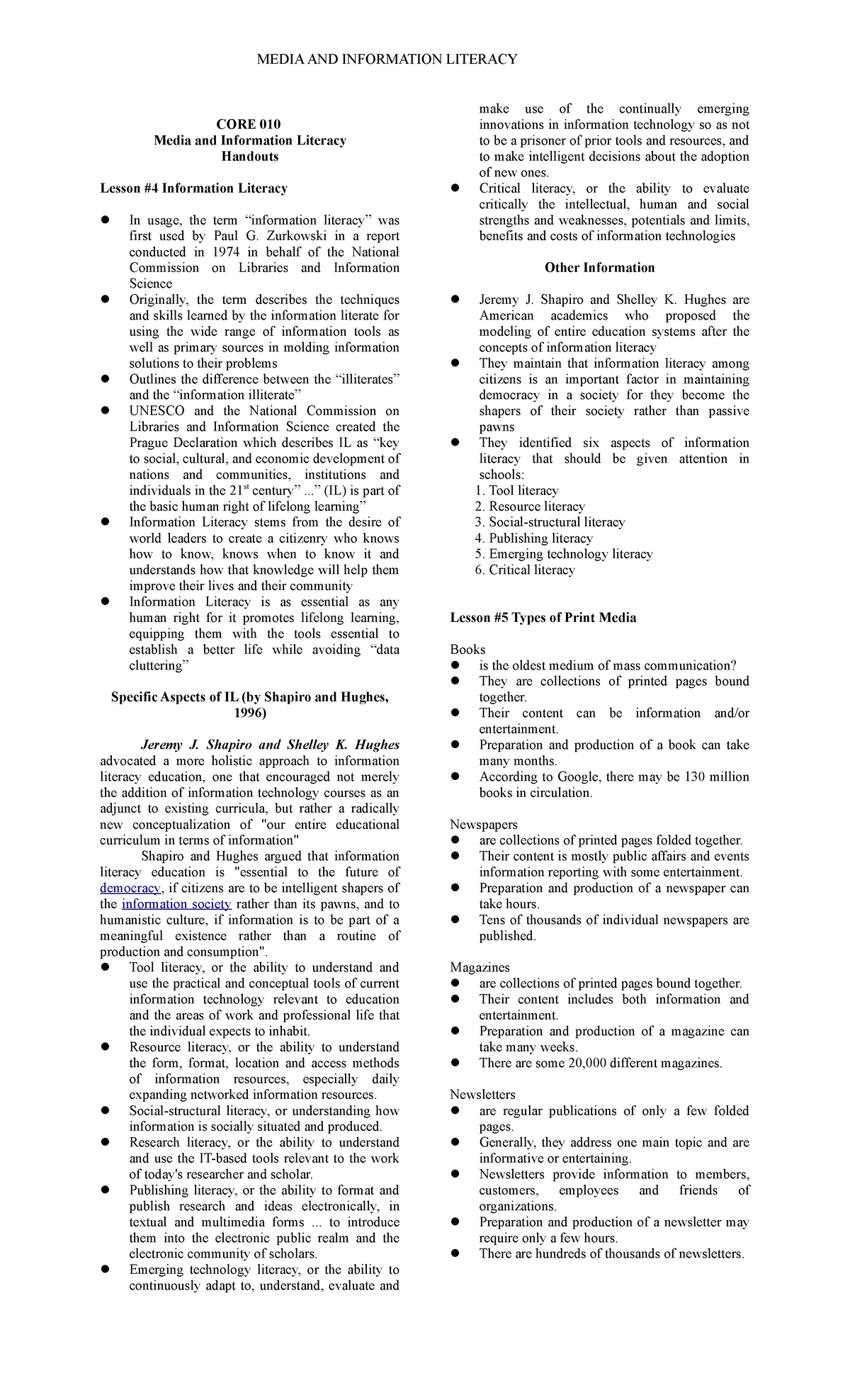 CORE 010: Media and Information Literacy Lesson Notes and Handouts ...