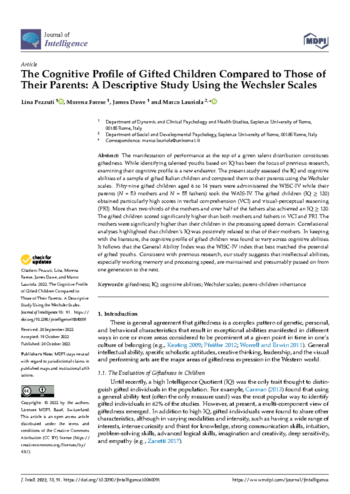 2022 The Cognitive Profile of Gifted Children vs. Their Parents ...