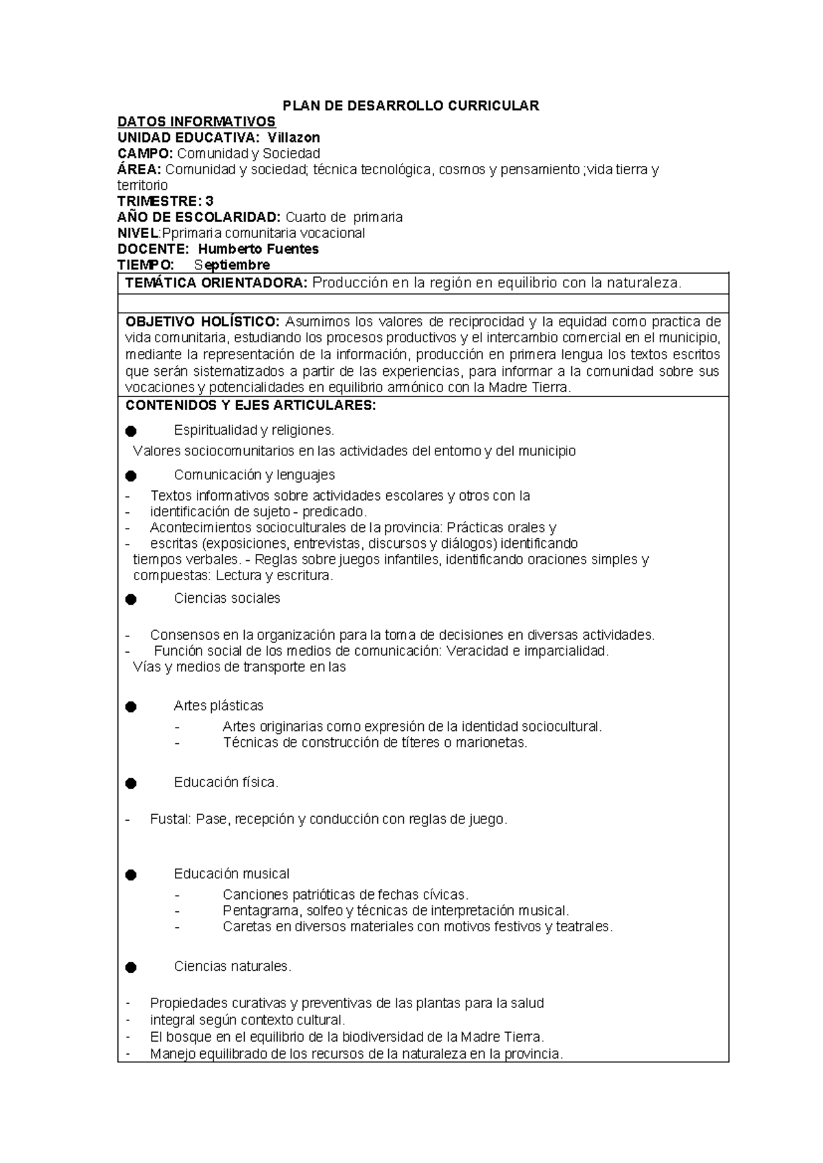 PLAN DE DESARROLLO CURRICULAR 4TO PRIMARIA - UNIDAD EDUCATIVA VILLAZON ...