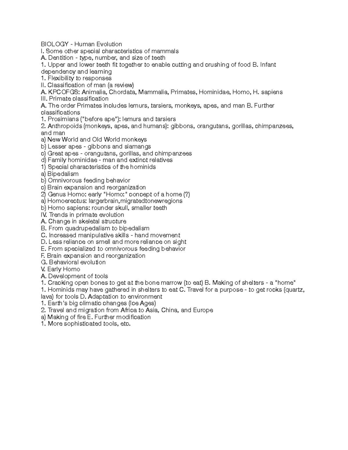 Bio 18 - Notes - BIOLOGY - Human Evolution I. Some other special ...