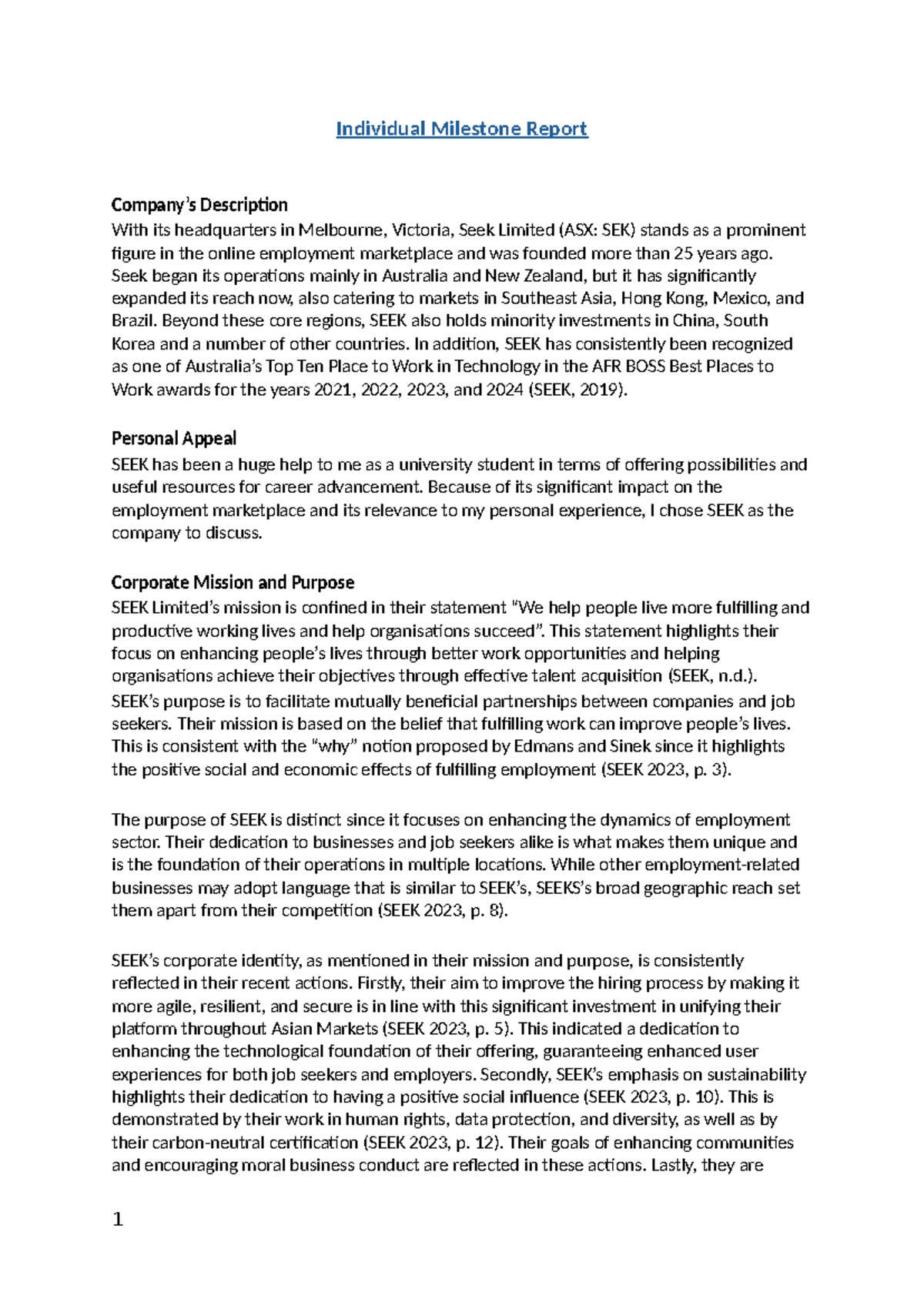 COMM1180 Individual Milestone Report on SEEK Limited - Studocu