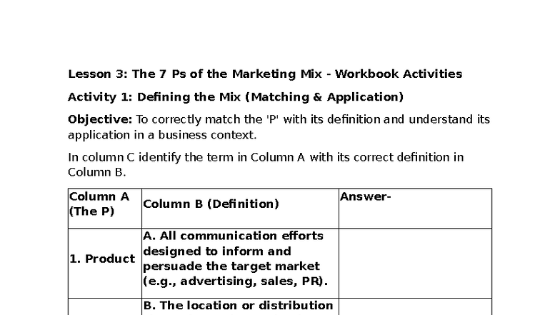 Lesson 3: The 7 Ps of the Marketing Mix Activities Workbook - Studocu