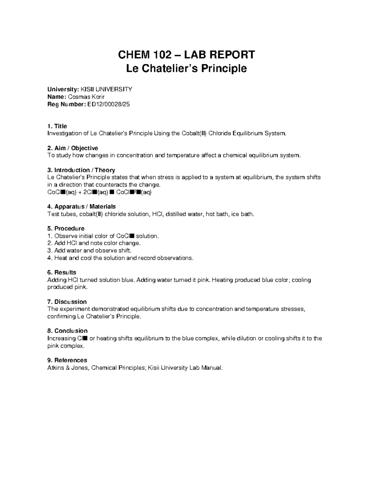 CHEM 102 Lab Report: Investigating Le Chatelier's Principle - Studocu