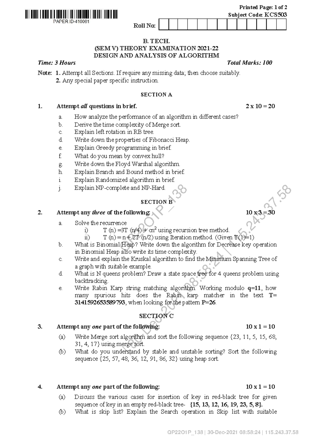 B.Tech Sem V Design & Analysis of Algorithms KCS503 Exam 2022 - Studocu