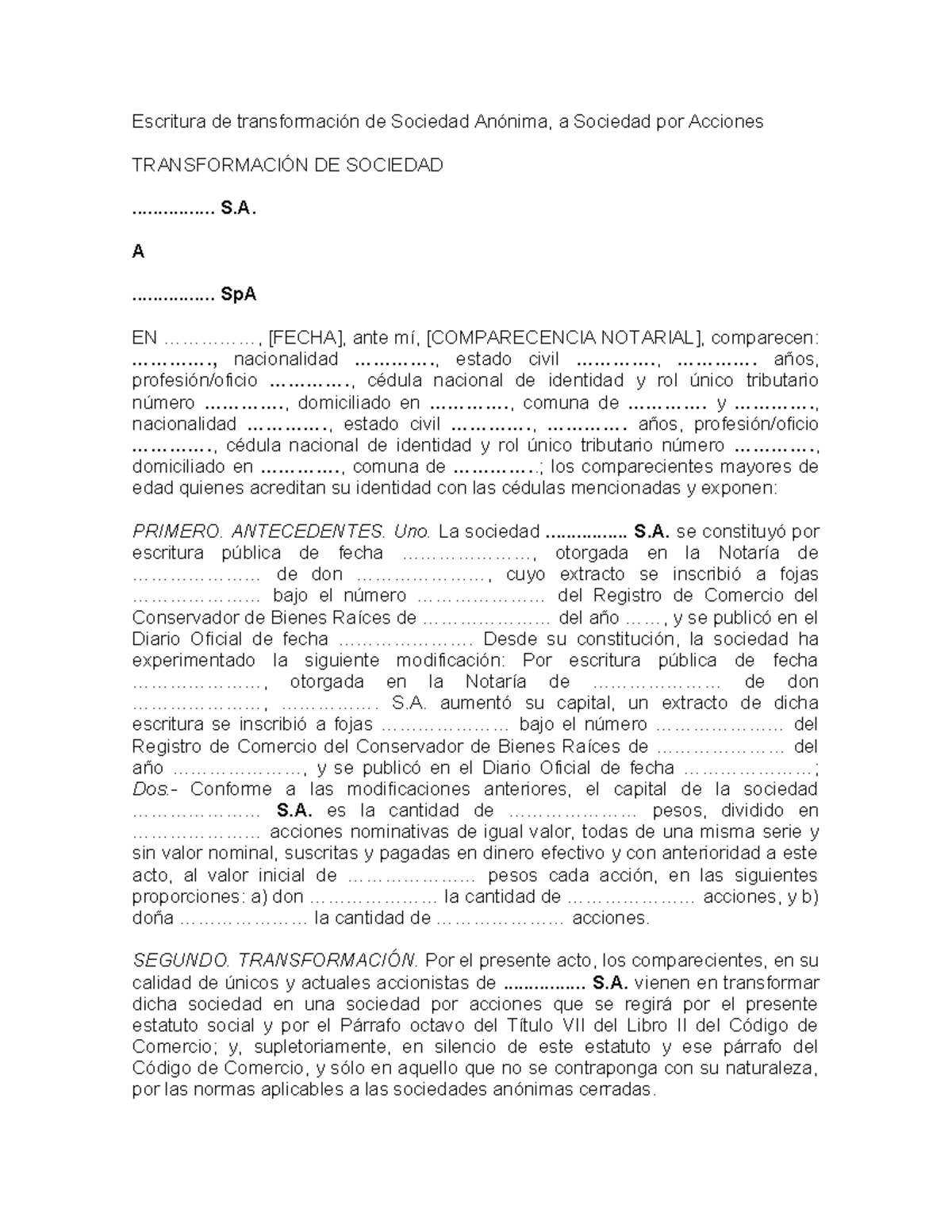 Escritura de Transformación de S.A. a SpA: Extracto y Jurisprudencia - Document Preview