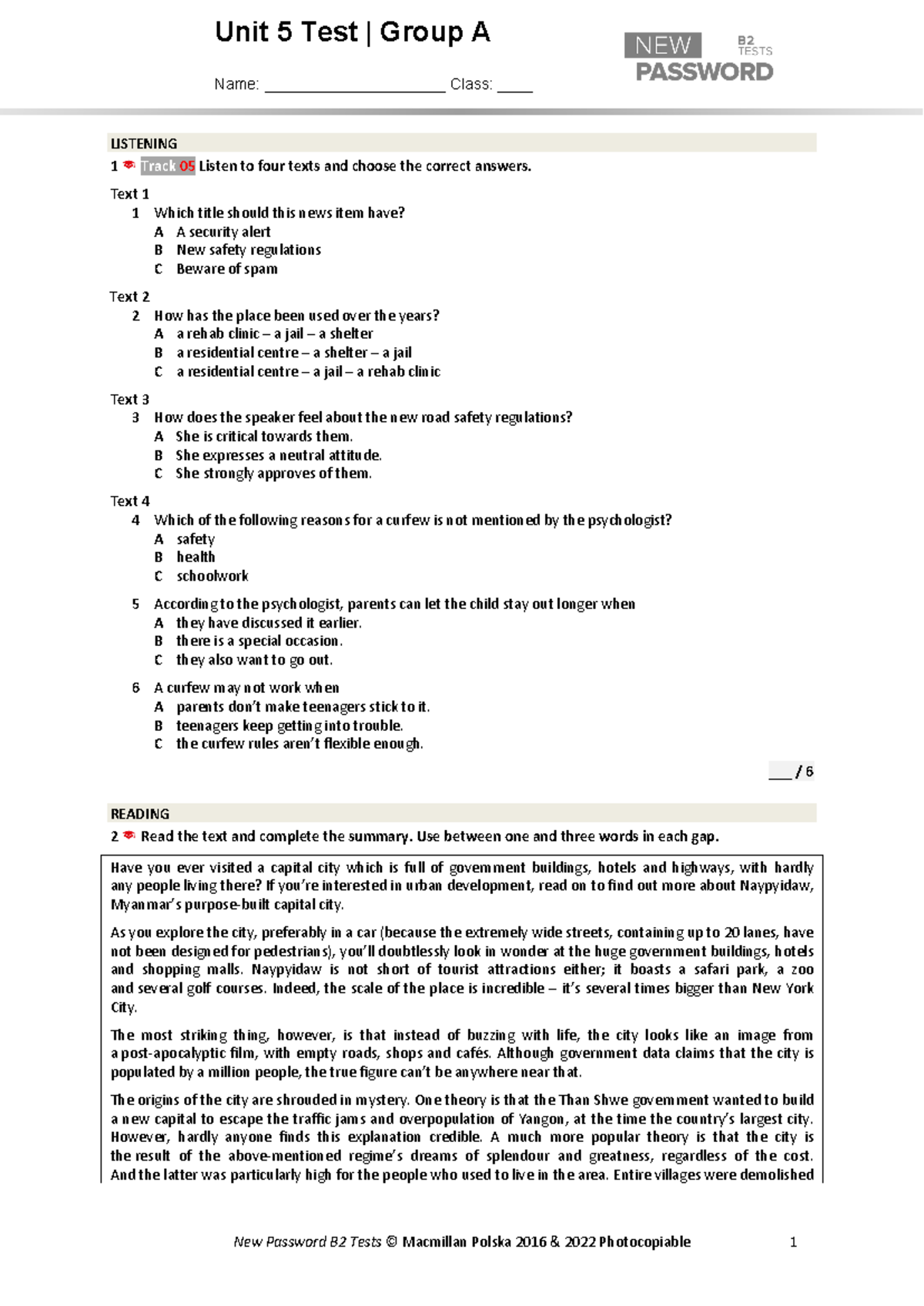 B2 UT 5A - Unit 5 Listening & Reading Test with Answers - Studocu