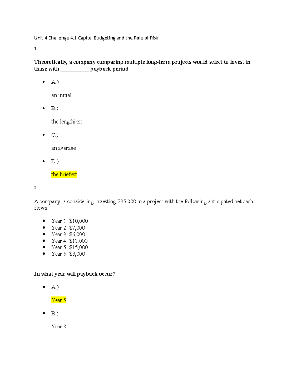Unit 4 Challenge 4.1: Capital Budgeting and Risk Analysis - Studocu