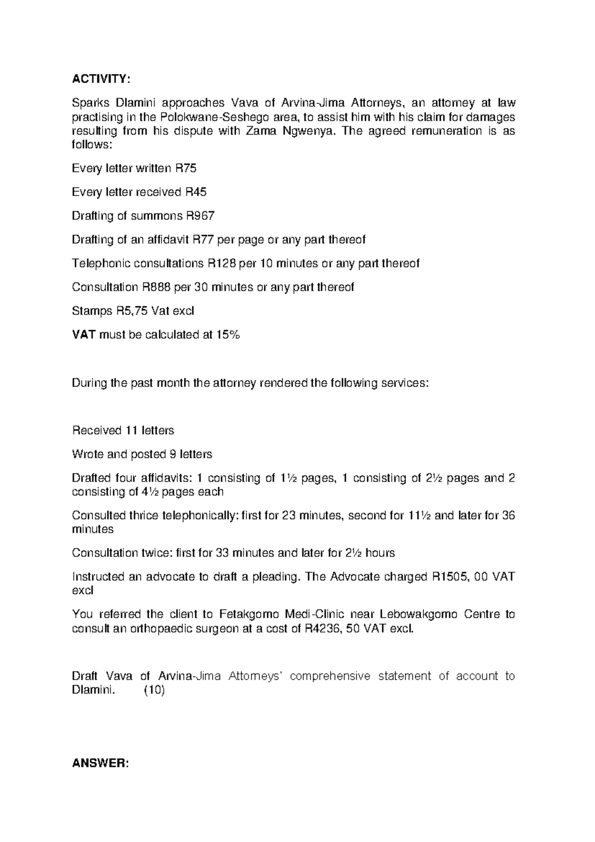 Attorneys Account Example: Dlamini vs Zama Ngwenya Claim - Studocu