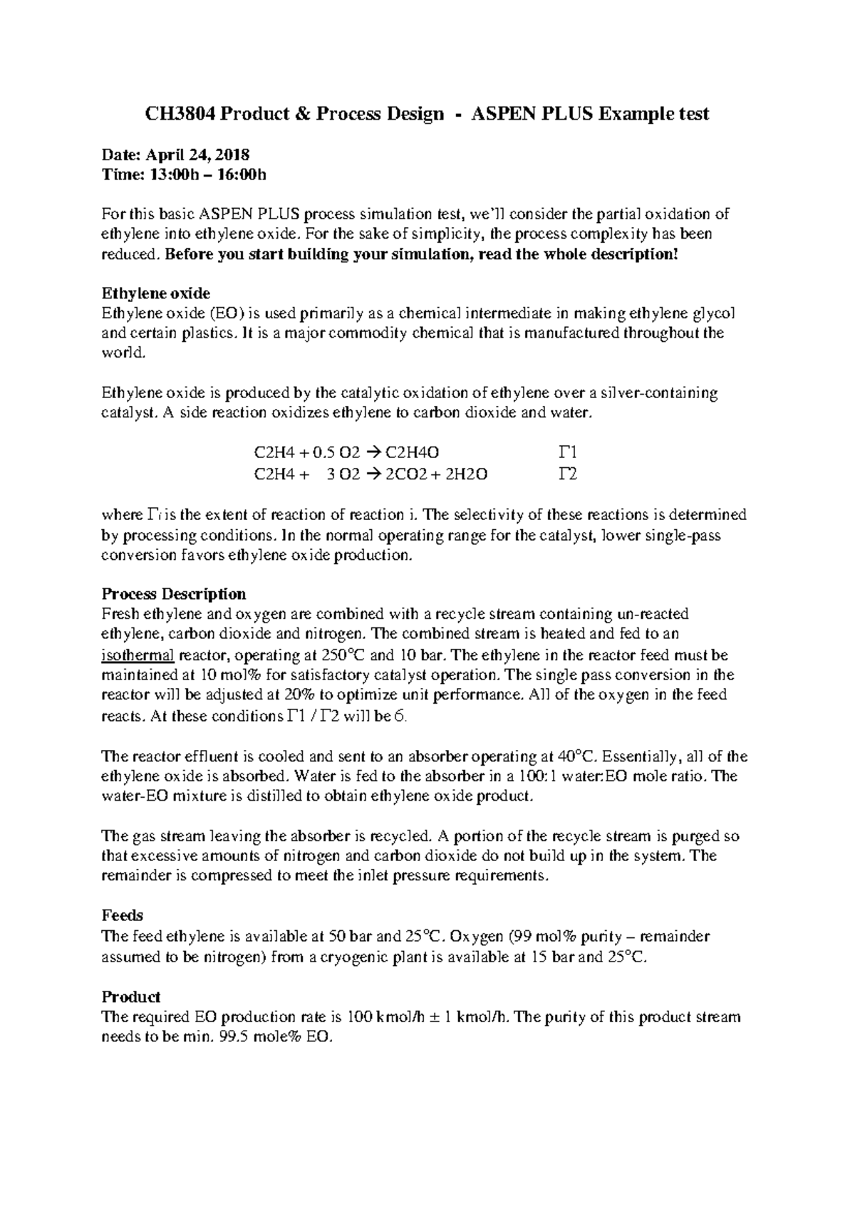 CH3804 ASPEN PLUS Example Test for Ethylene Oxide Production - Studeersnel