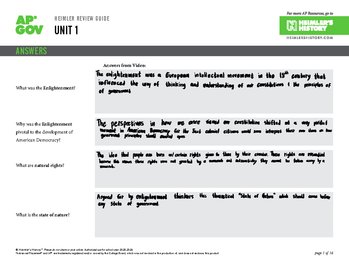 HEIMLER REVIEW GUIDE UNIT 1: ENLIGHTENMENT & DEMOCRACY INSIGHTS - Studocu