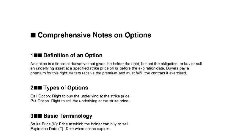 Options (FIN 101) Complete Study Notes on Definitions & Strategies ...