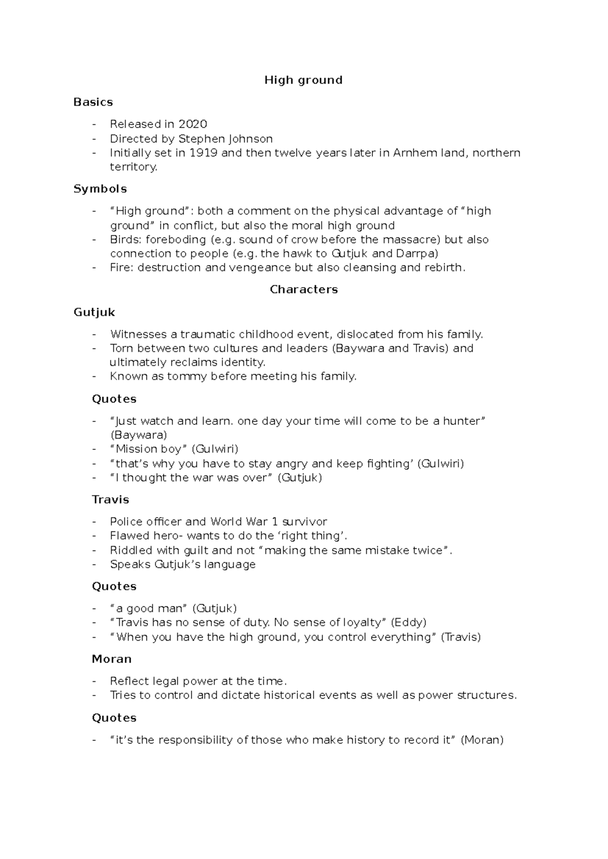 High Ground Film Analysis Notes (2020) - Symbols & Characters - Studocu