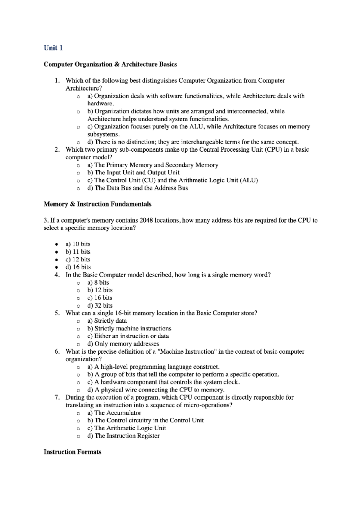 Unit 1 - Computer Organization & Architecture Practice Questions - Studocu