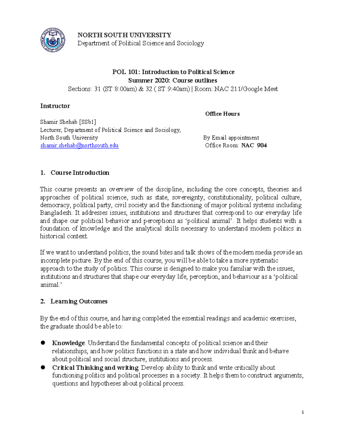 POL 101: Introduction to Political Science - Summer 2020 Course Outline ...
