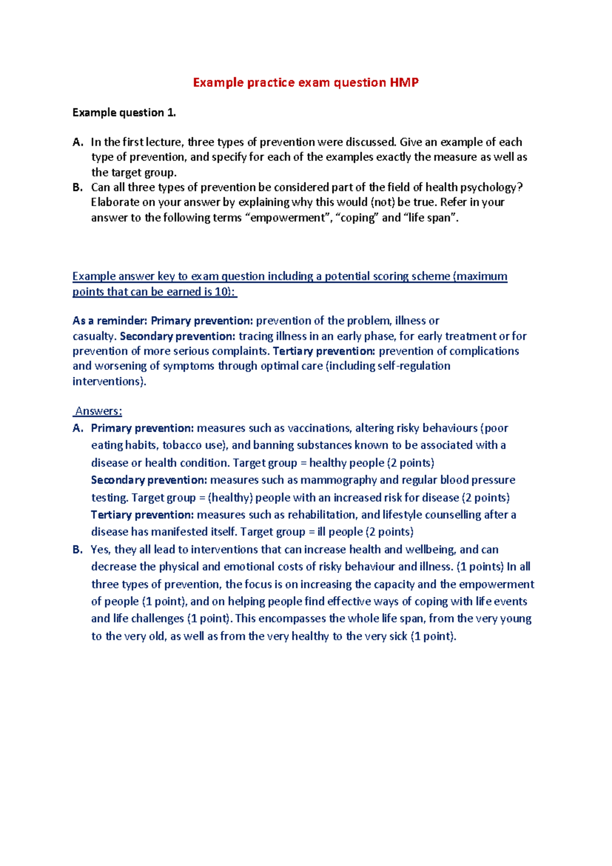 Example Questions for BS HMP Practice Exam and Answer Key - Studeersnel