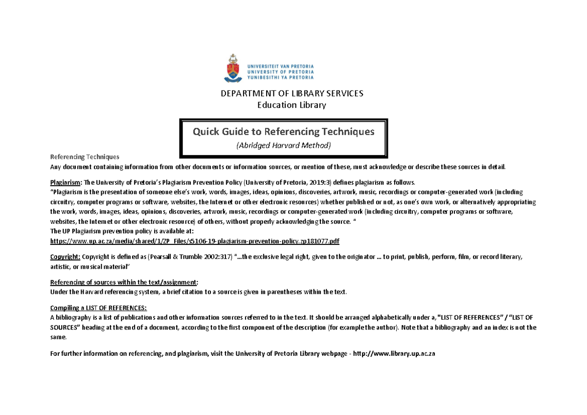 2020 Harvard Quick Reference Guide: Abridged Referencing Techniques ...
