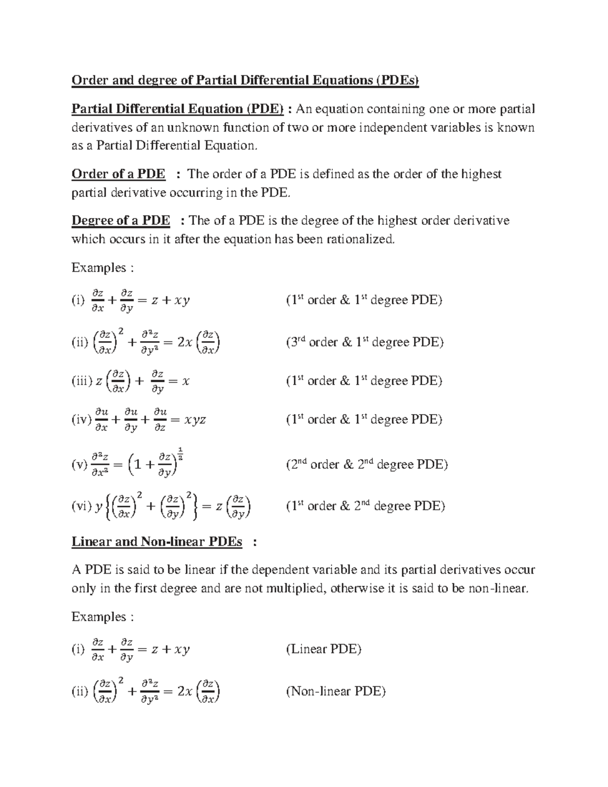 PDE Notes: Order, Degree, and Classification Explained - Studocu