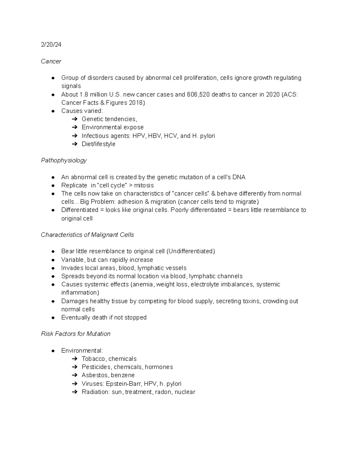 NUR 325 Week 5: Oncology - Cancer Overview and Treatments Guide - Studocu