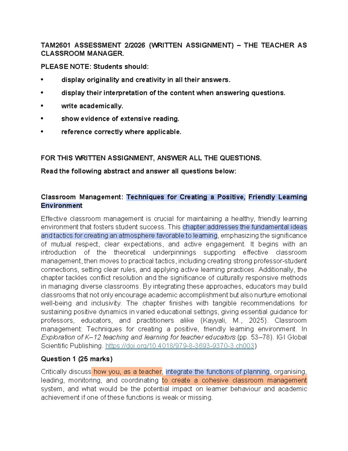 TAM2601 Written Assignment: Classroom Management Techniques and Impact ...