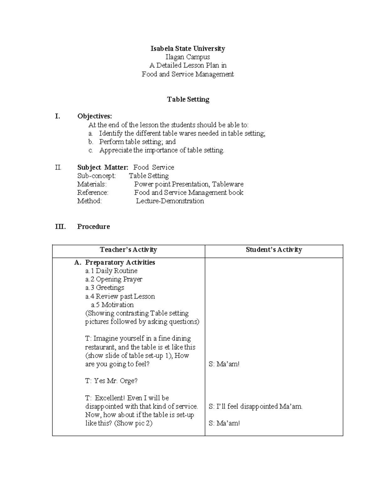 Table Setting Detailed Lesson Plan (DLP) in Food Service Management ...