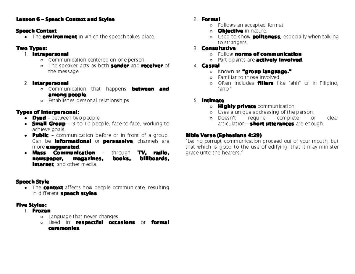 Lesson 6: Speech Context, Styles, and Communication Types - Studocu