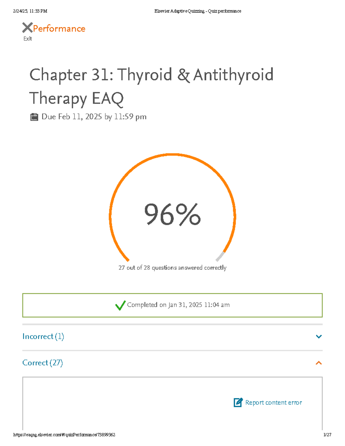 Chapter 31: Thyroid & Antithyroid Therapy EAQ Quiz Performance Report ...
