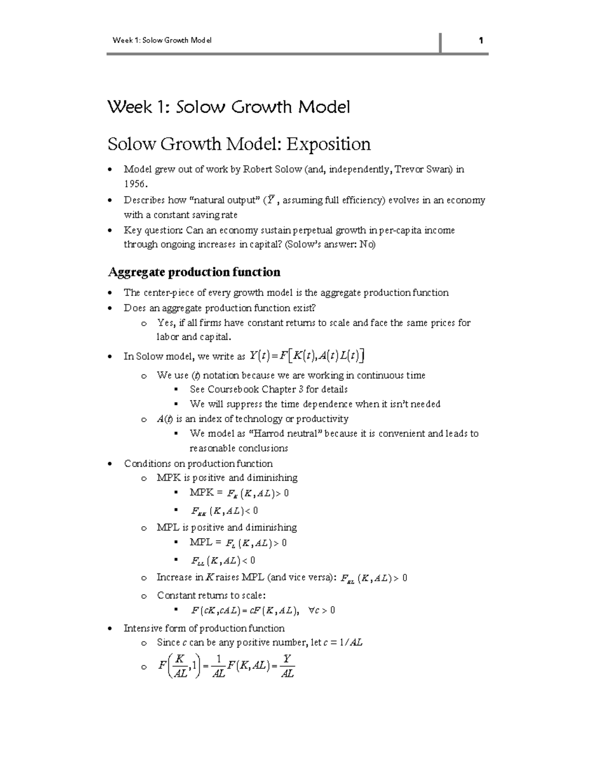 Week 1: Solow Growth Model Overview and Key Concepts - Studocu
