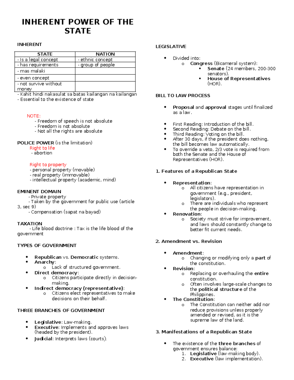 RPH- Reviewer - INHERENT POWER OF THE STATE INHERENT - Kahit hindi ...