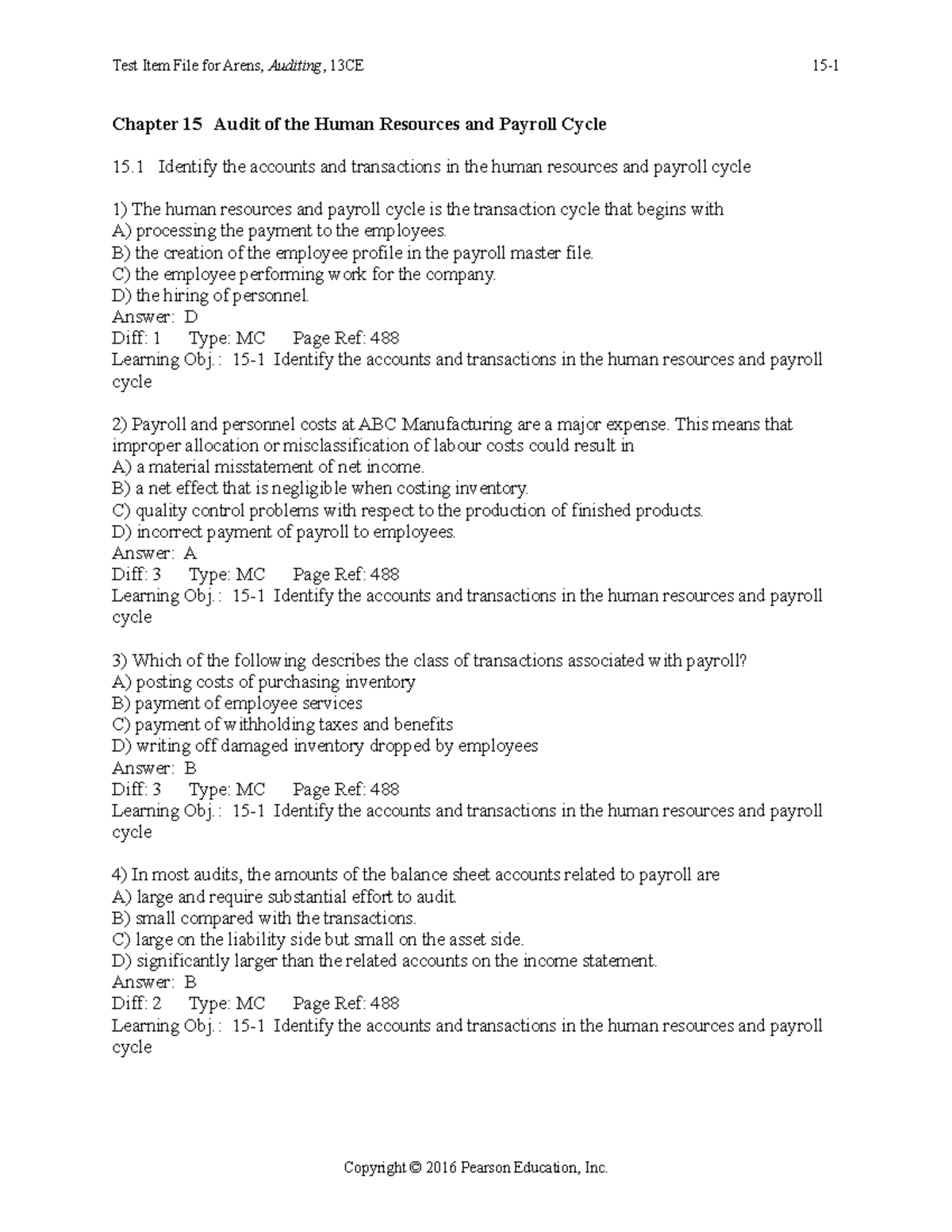 15CE: Audit of the Human Resources & Payroll Cycle - Chapter 15 Notes ...