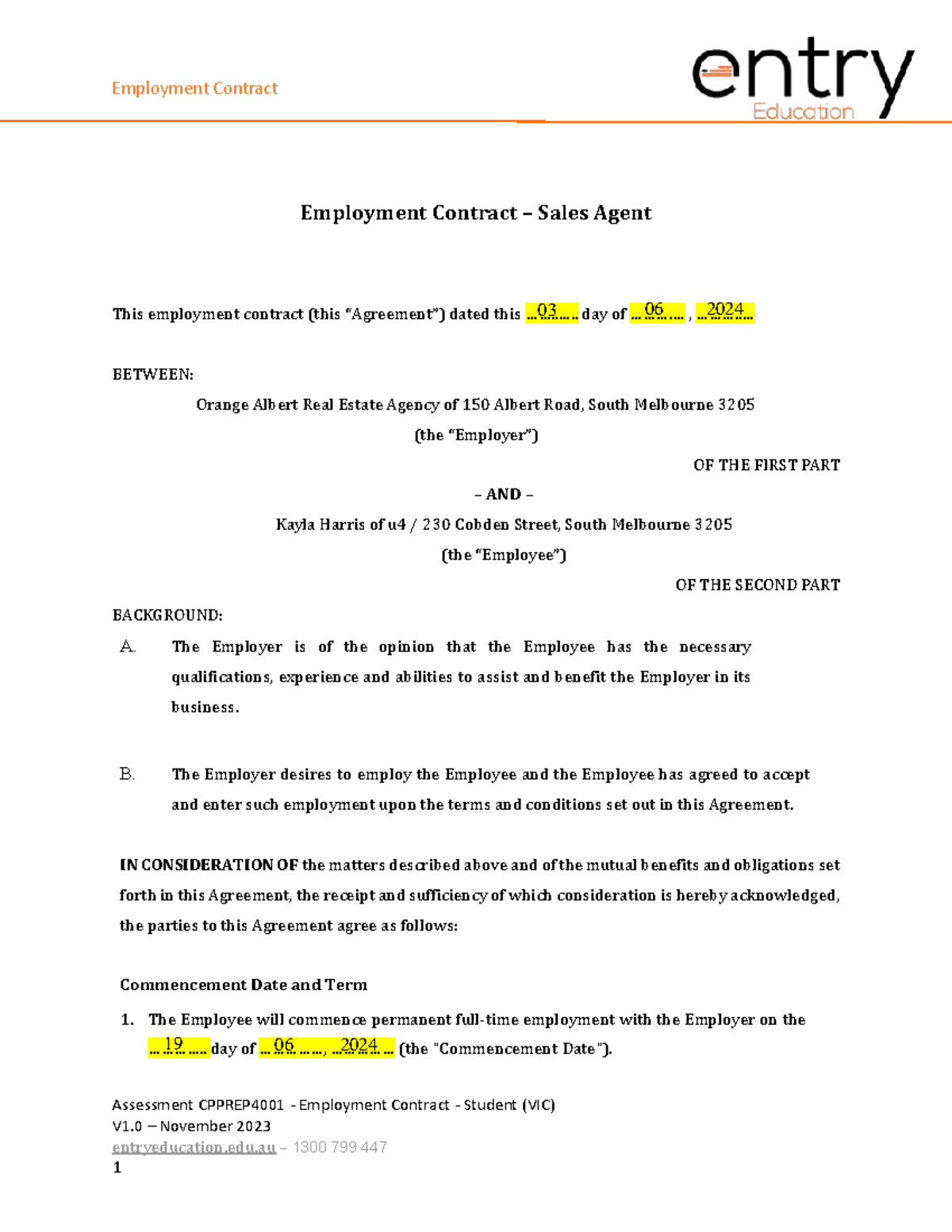 CPPREP4001 Employment Contract for Sales Agent - Final Version 2024 ...
