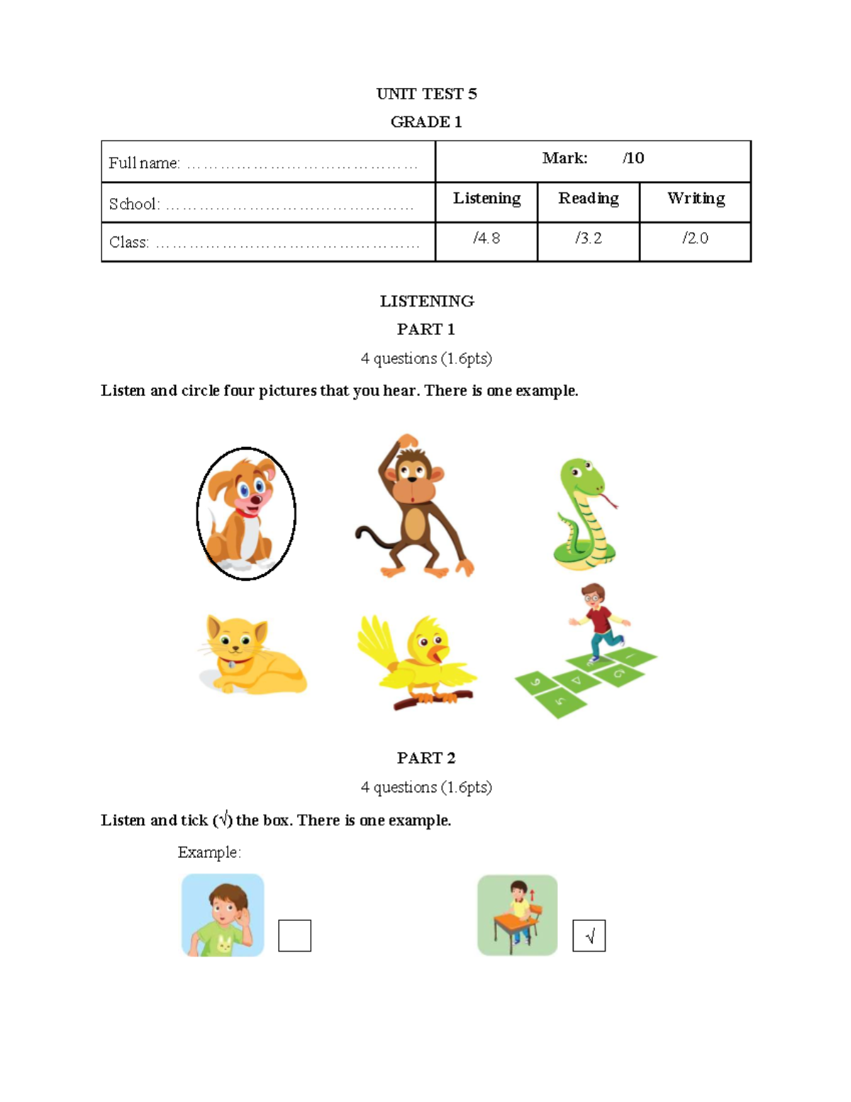 Đề KT Unit 5 Tiếng Anh 1 - Listening & Writing Test - Studocu