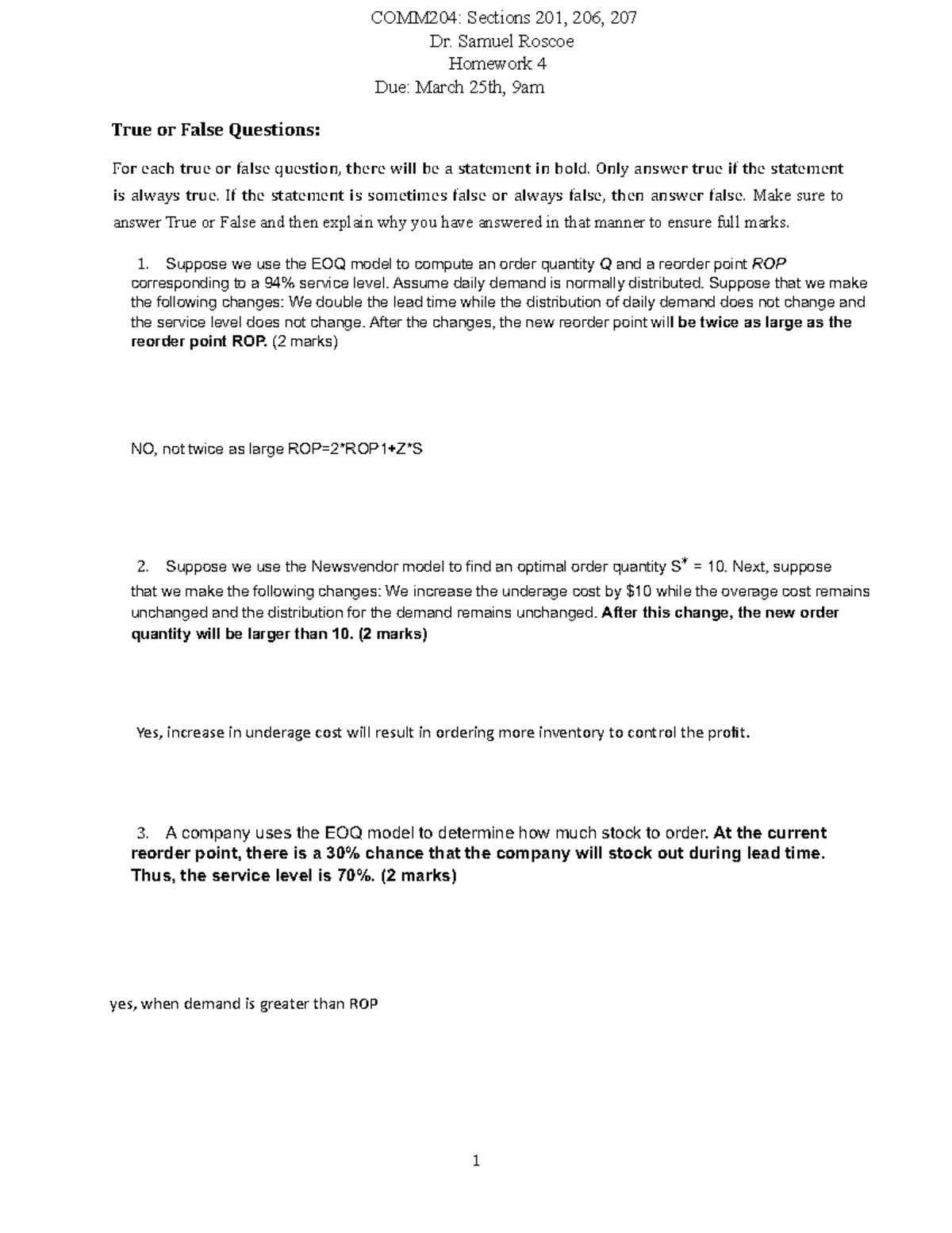 Homework 4 Questions - COMM 204 201 206 - Inventory Models and Concepts ...