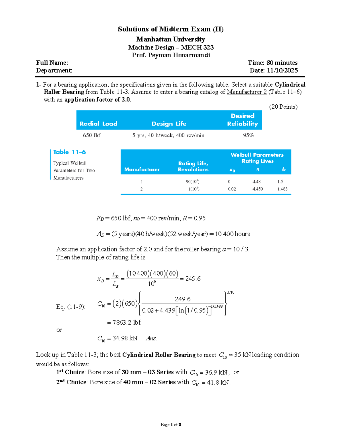 Midterm Exam II Solutions for MECH 323 - Machine Design - Studocu