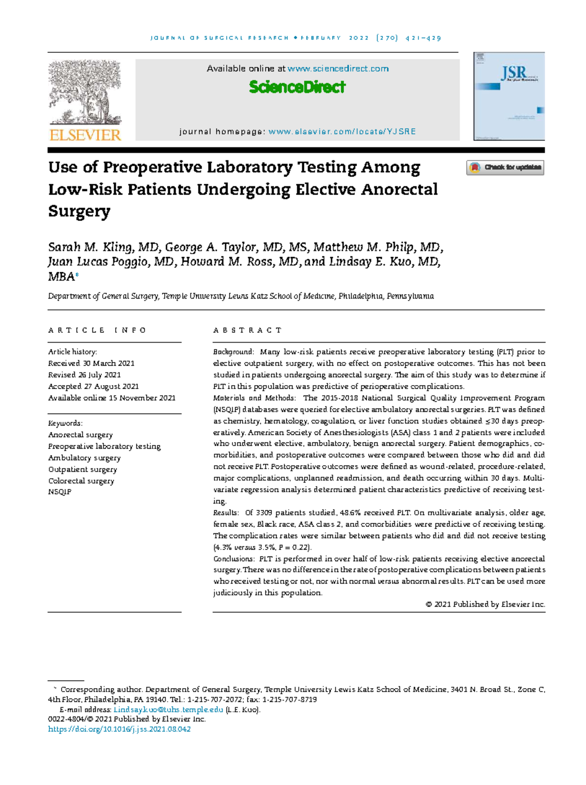 Use of Preoperative Laboratory Testing in Elective Anorectal Surgery ...