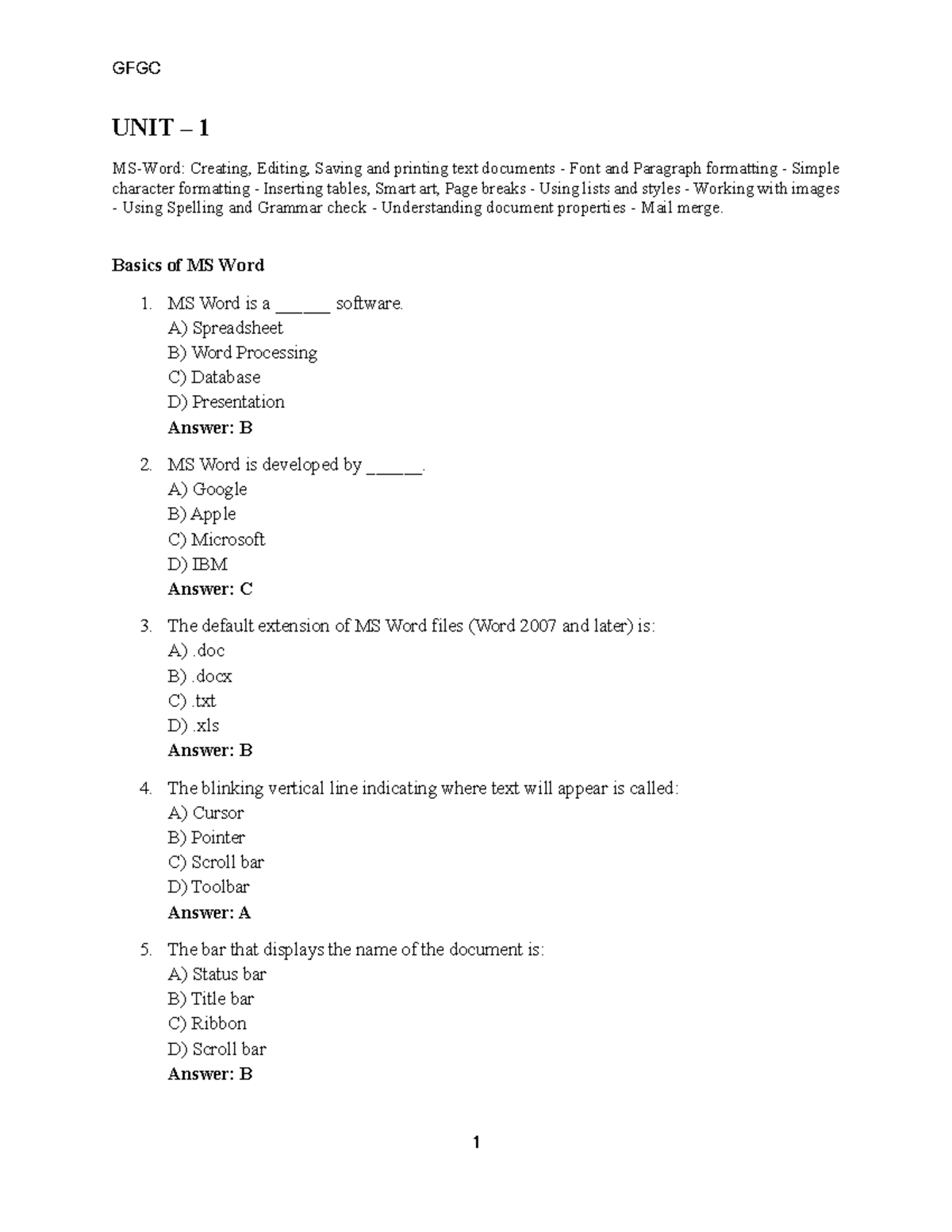 GFGC UNIT 1: MS Word Basics - Creating, Editing, and Formatting ...