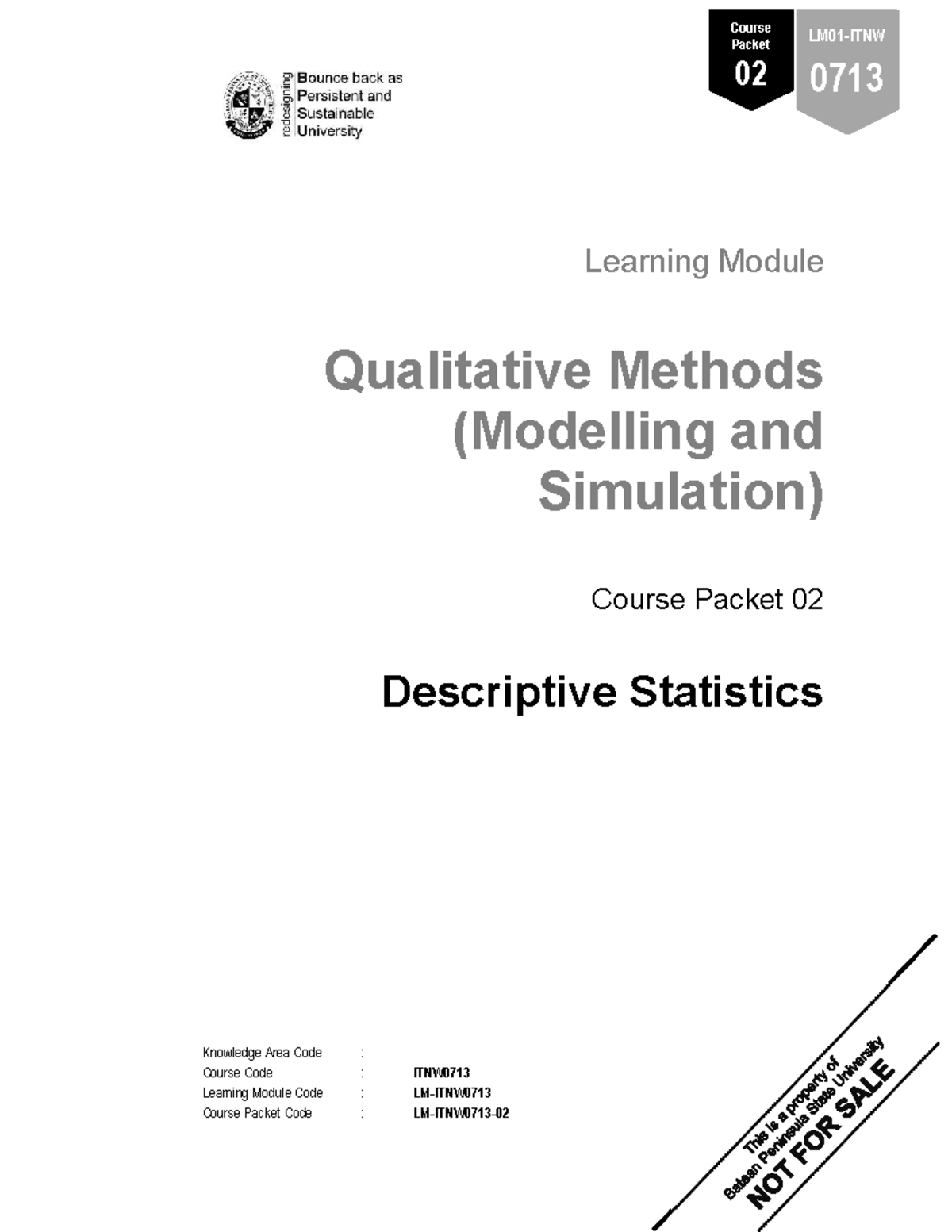 Descriptive Statistics Course Packet 02 (ITNW0713) Learning Module ...