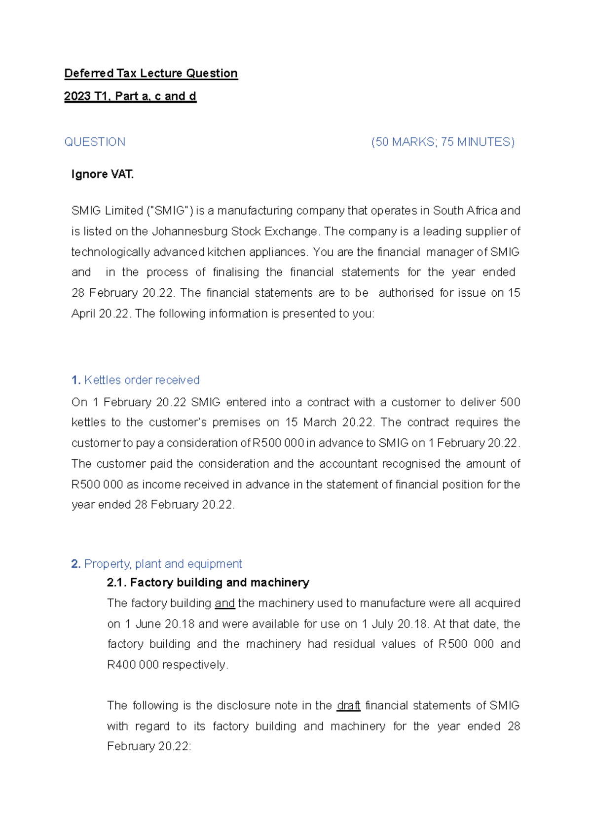 Deferred Tax Lecture Questions for SMIG Limited (2023 T1) - Studocu