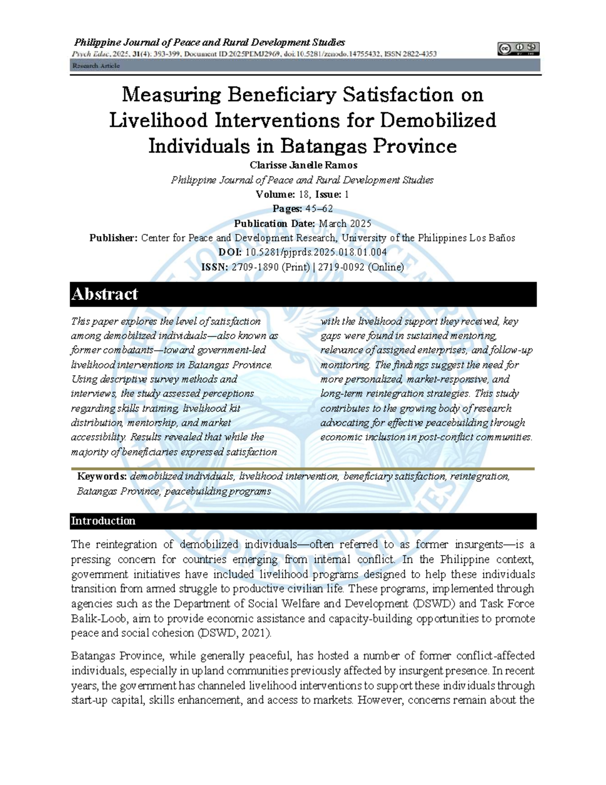 Measuring Beneficiary Satisfaction on Livelihood Interventions for ...