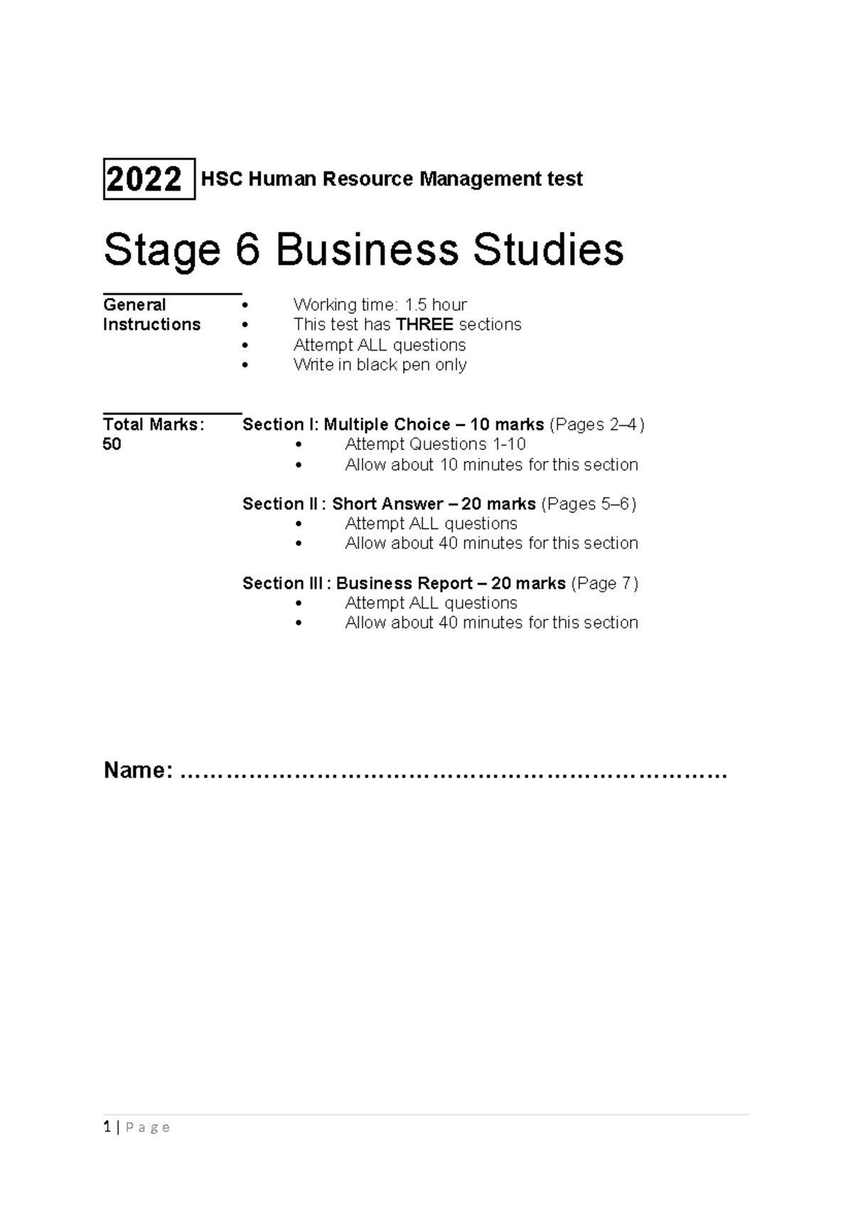 2022 HSC HRM Test - Stage 6 Business Studies Marking Criteria - Studocu