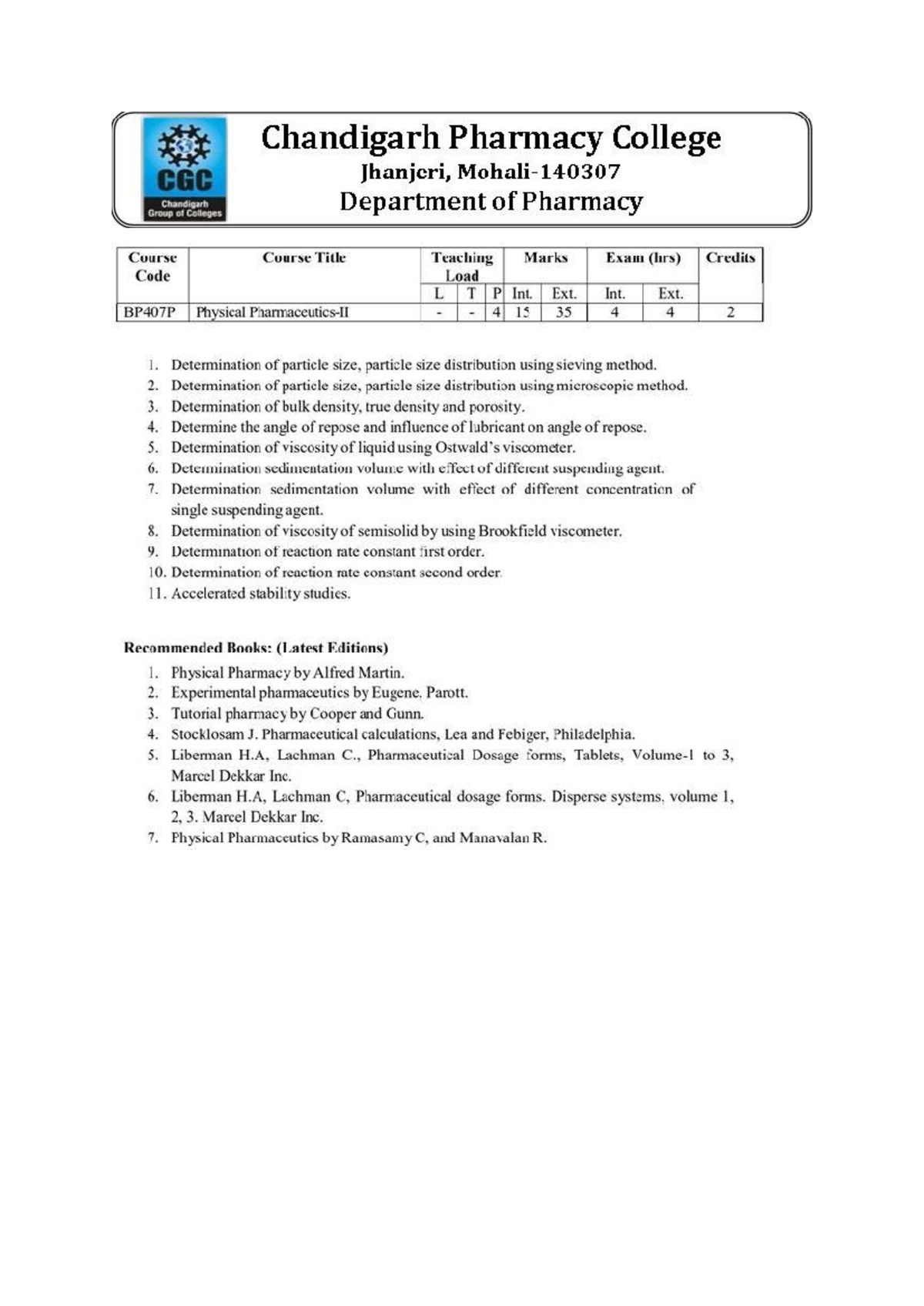 BP407P Physical Pharmacy Practical Syllabus - Studocu