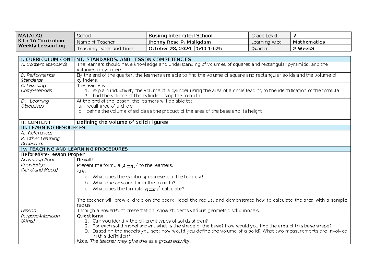 MATATAG K to 10 Math 7 Lesson Plan Q2 Wk3: Volume of Cylinders - Studocu