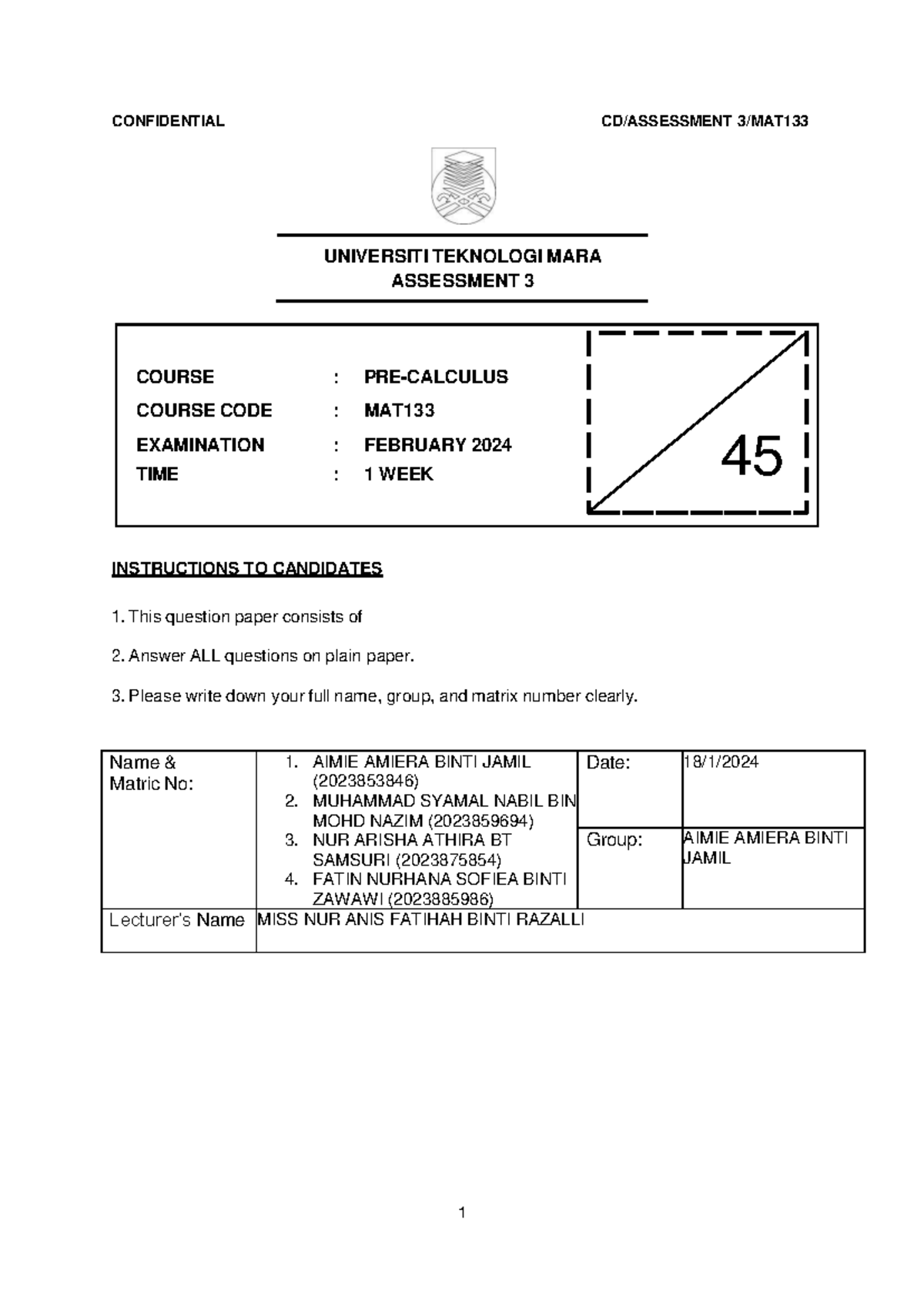 tutorial 3(all chapter) - UNIVERSITI TEKNOLOGI MARA ASSESSMENT 3 COURSE ...