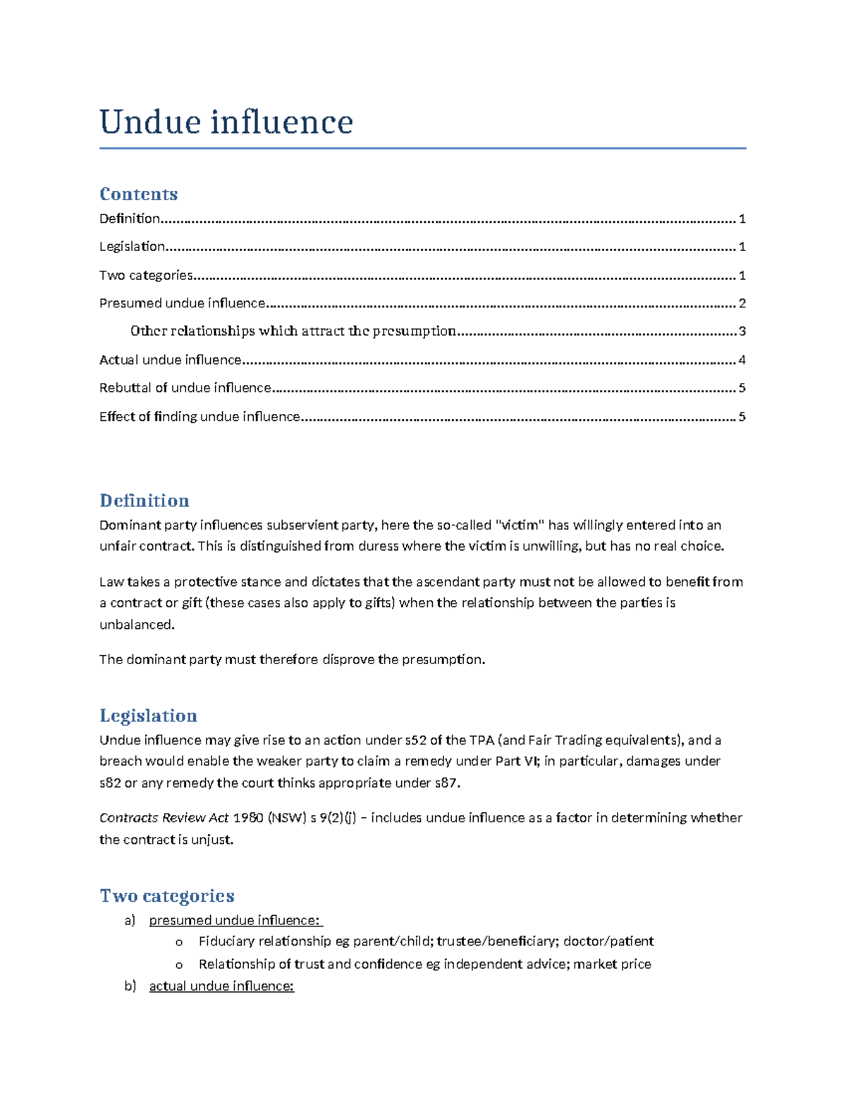 Undue influence - Contract Law - Undue influence Contents - Studocu