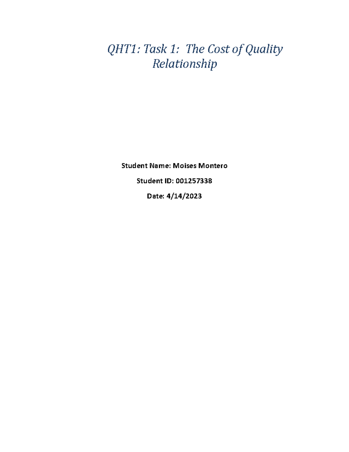 QHT1 Task 1: Understanding the Cost of Quality and Its Types - Studocu