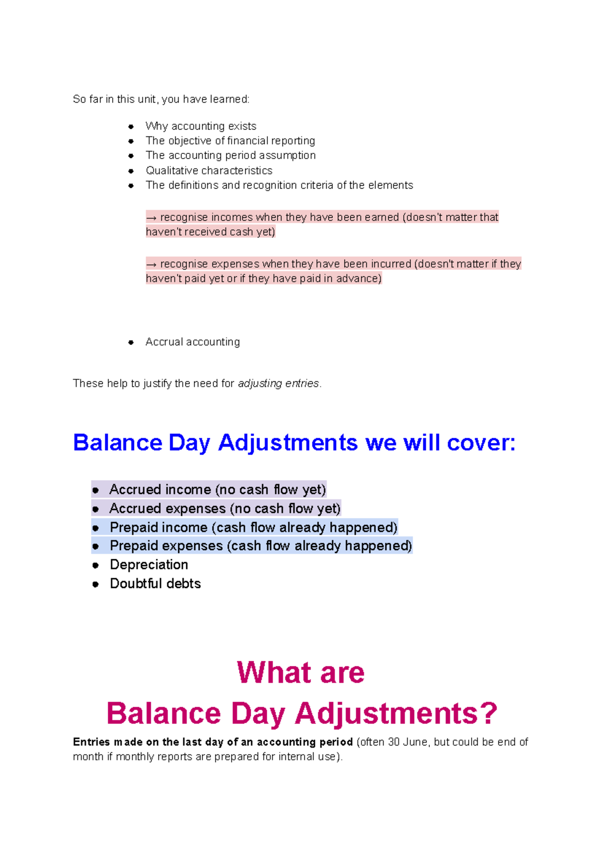 Accounting week 5 work - Week 5 notes on balance day adjustments - So ...