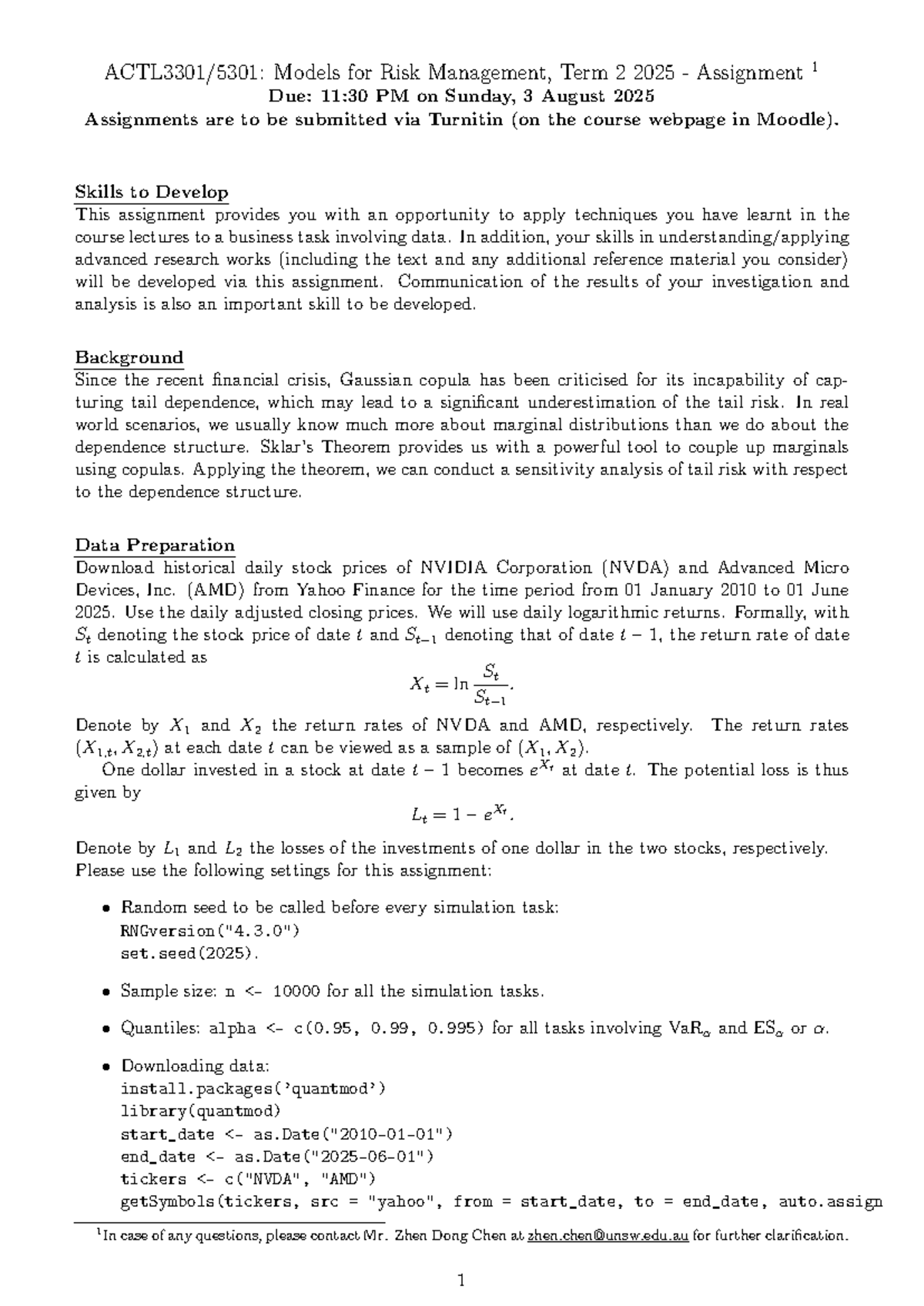 Models for Risk Management: Assignment 1, Term 2 2025 - Studocu