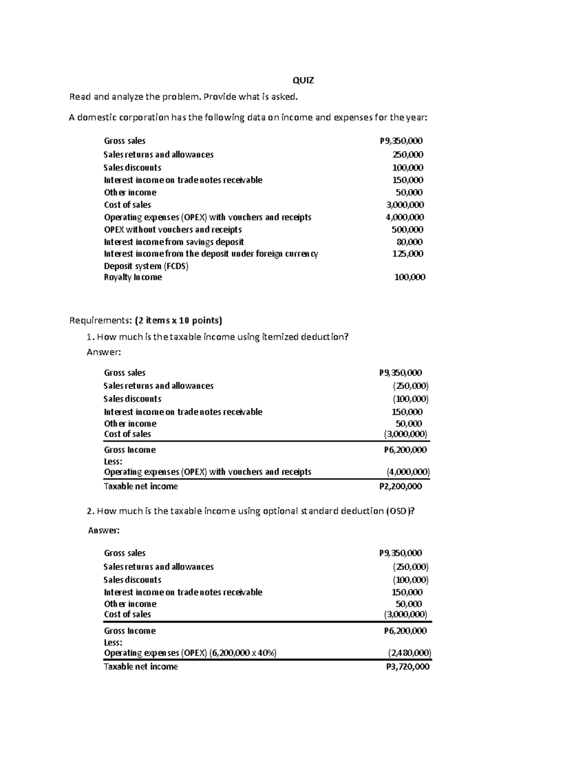 6 QUIZ 1 TAXATION: Analyzing Taxable Income Calculations - Studocu